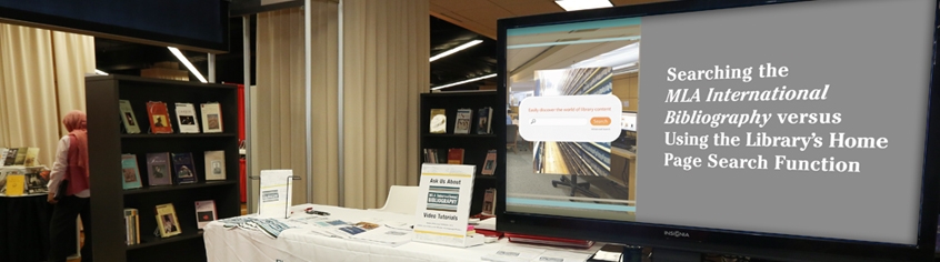 television screen displaying slide on how to search the MLA International Bibliography
